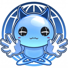 Laurence's portrait: Punko, a round, glossy blue creature with cat ears and big round eyes, waving both gloved hands in front of a blue globe emblem.