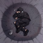 Illustrated portrait of Lula: a figure in torn black clothes curled up on the floor of a crater, holding a cigarette, with the pack nearby.