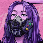 Illustrated portrait of Rienne: long purple hair and a respirator mask built from a purple game controller, on a pink background.